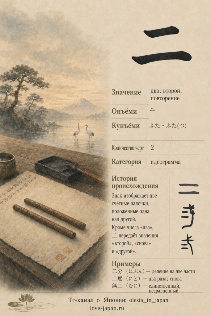 Иероглиф 二: значение «два», чтения ニ и ふた, древние формы и примеры