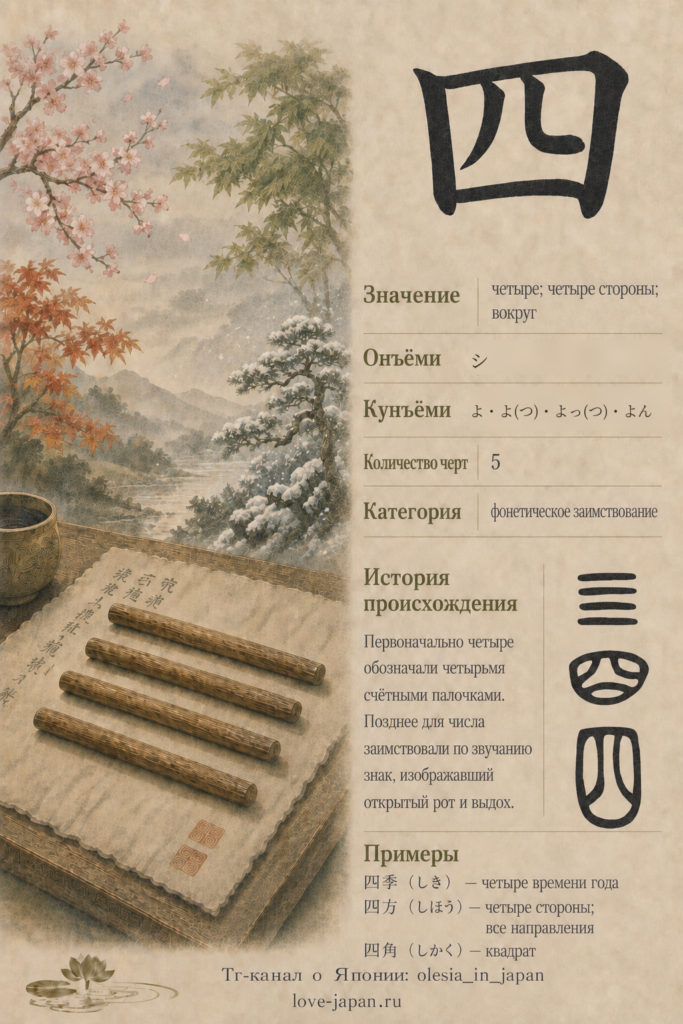 Иероглиф 四: значение «четыре», чтения シ и よん, древние формы и примеры