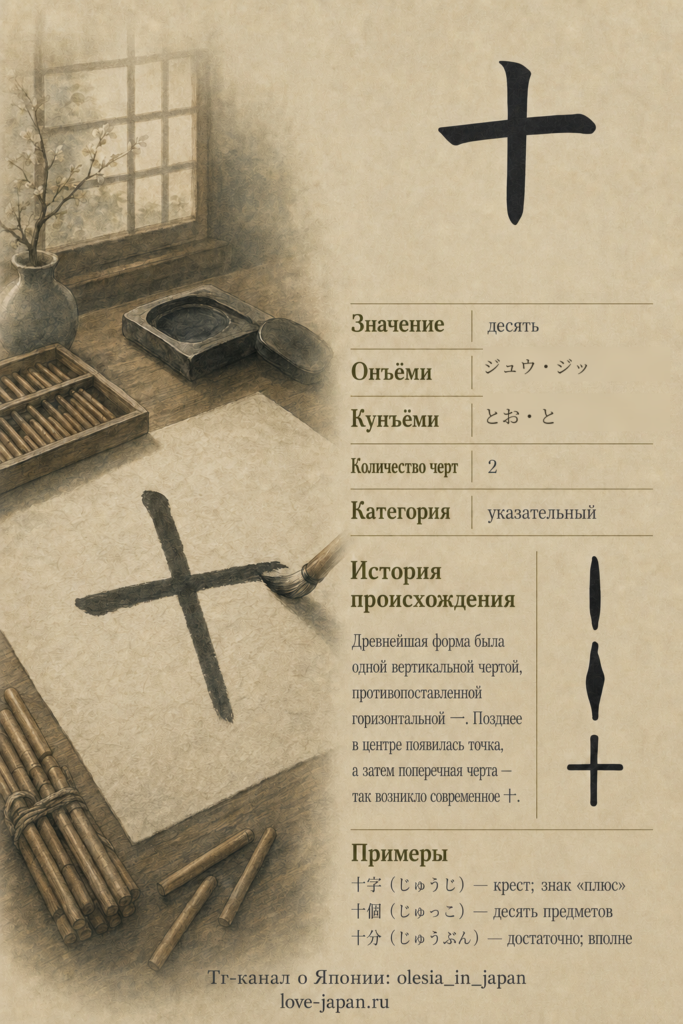 Иероглиф 十: значение «десять», чтения ジュウ・ジッ и とお, древние формы и примеры