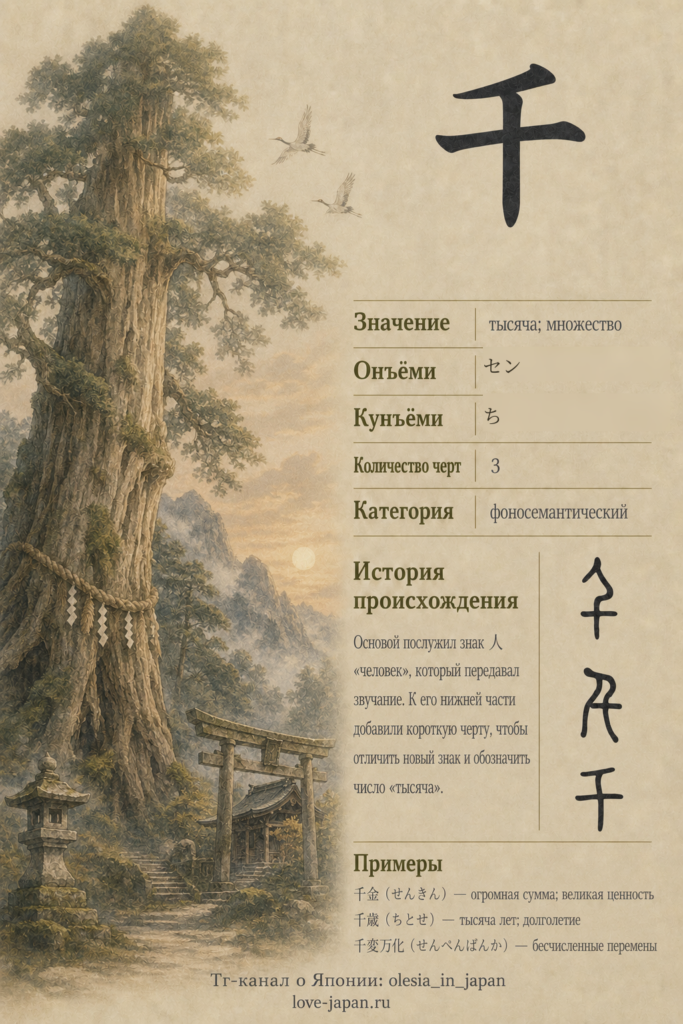 Иероглиф 千: значение «тысяча», чтения セン и ち, древние формы и примеры