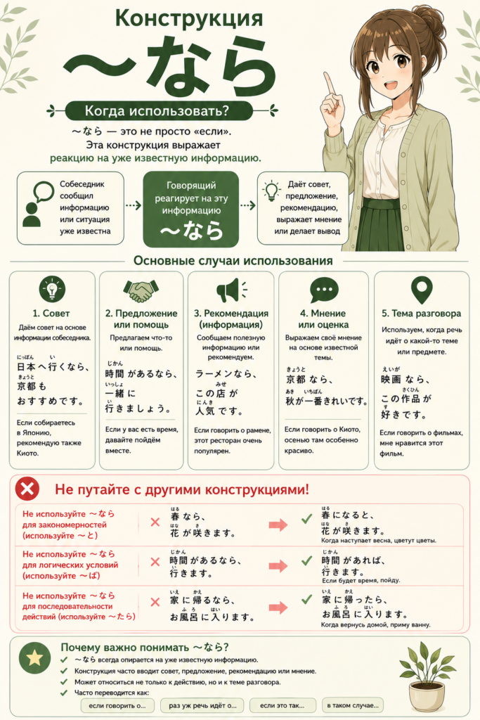 Конструкция ~なら в японском языке: когда использовать, основные случаи употребления, советы, предложения, мнение и отличие от ~たら, ~ば и ~と.
