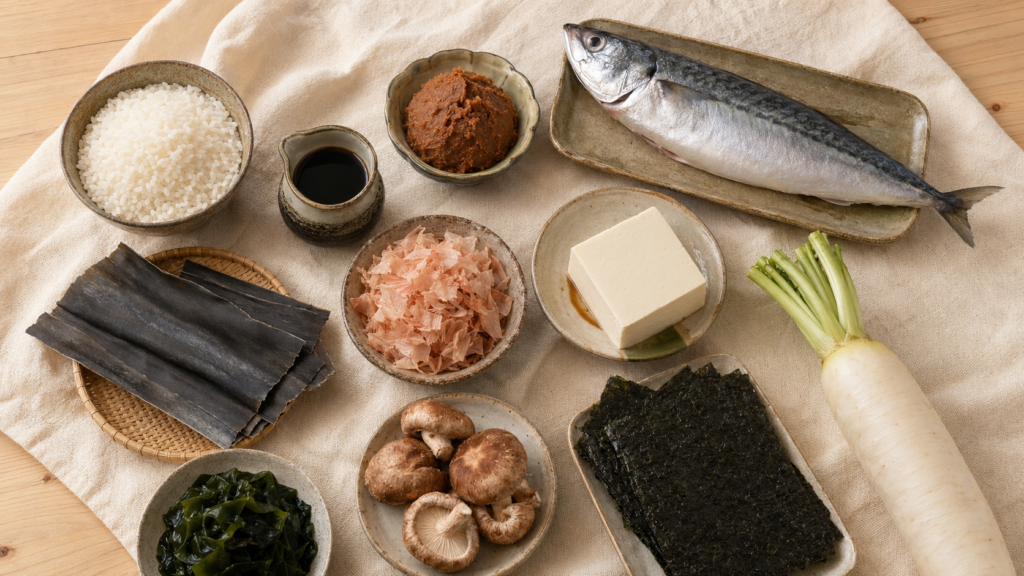 Основные продукты японской кухни: рис, мисо, тофу, рыба, водоросли и грибы