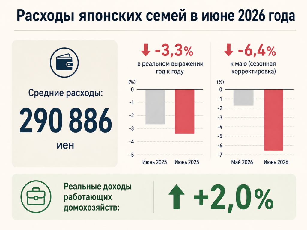 Инфографика о расходах японских семей в июне 2026 года: 290 886 иен, снижение на 3,3 процента в реальном выражении