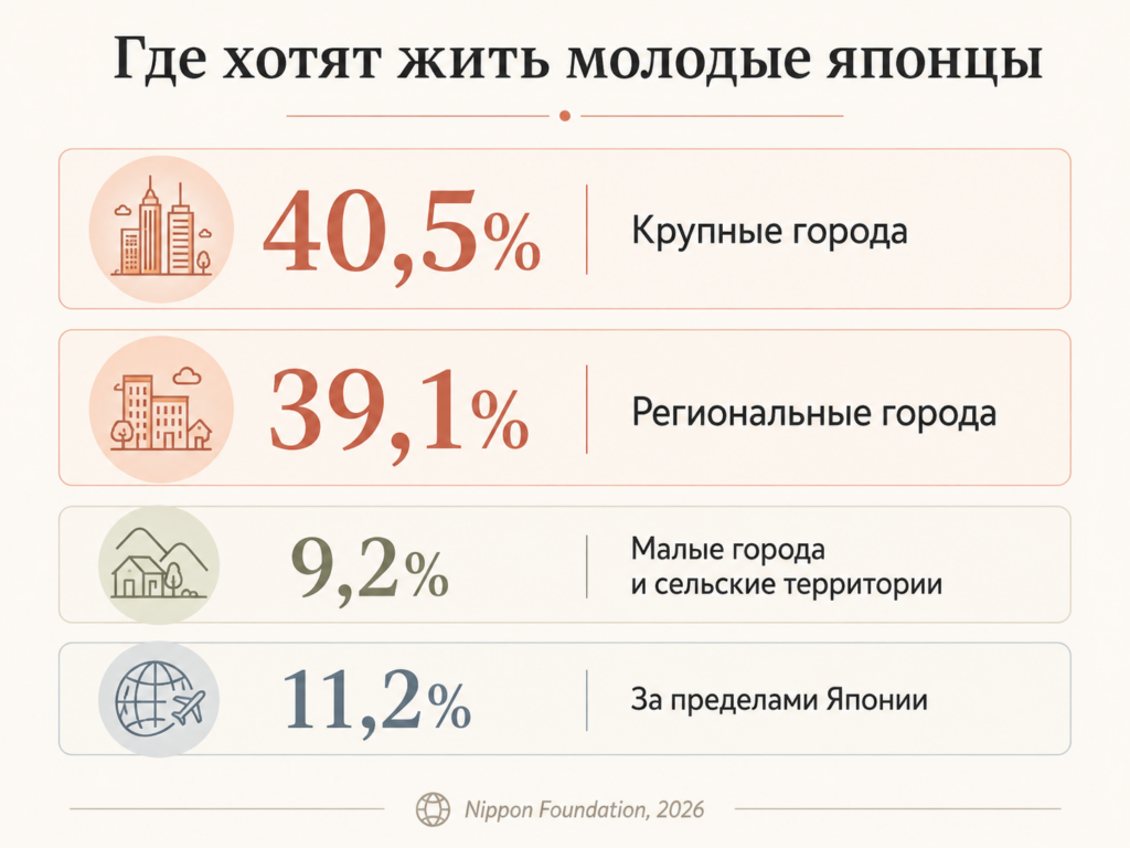 Где хотят жить молодые японцы: 40,5% выбирают крупные города и 39,1% региональные города