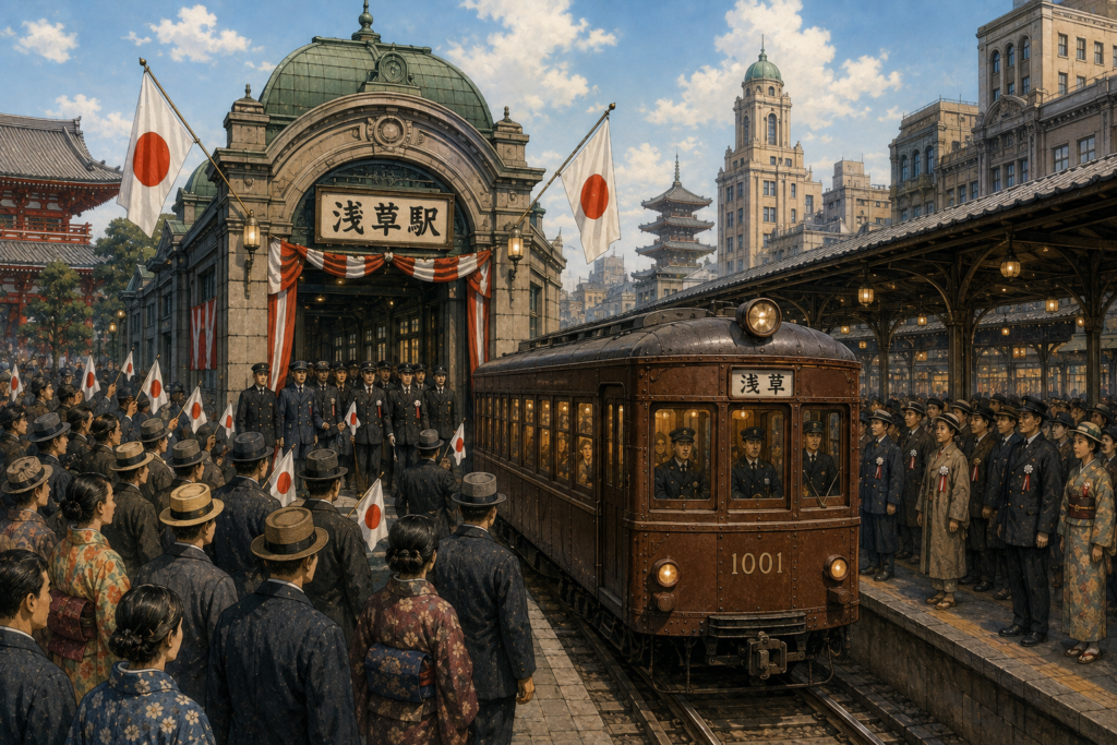Стилизованная историческая сцена открытия станции Асакуса в 1927 году с вагоном метро №1001, пассажирами и празднично украшенным входом.