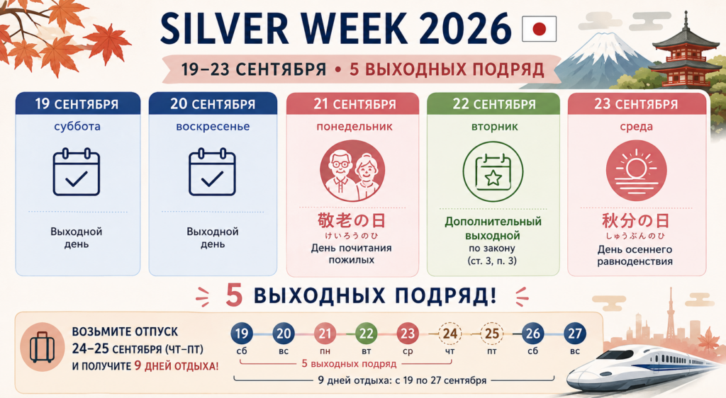Silver Week в Японии 2026: пять выходных с 19 по 23 сентября