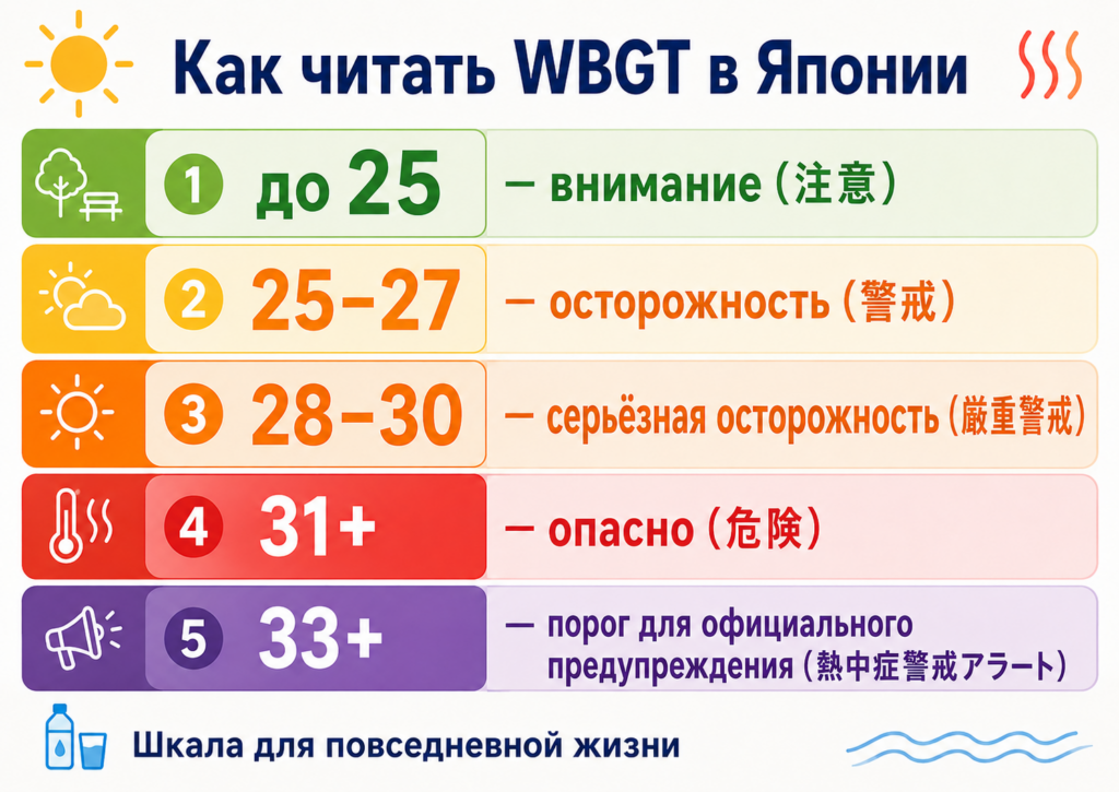Шкала WBGT в Японии: уровни риска жары от 注意 до 危険 и порог предупреждения 33+