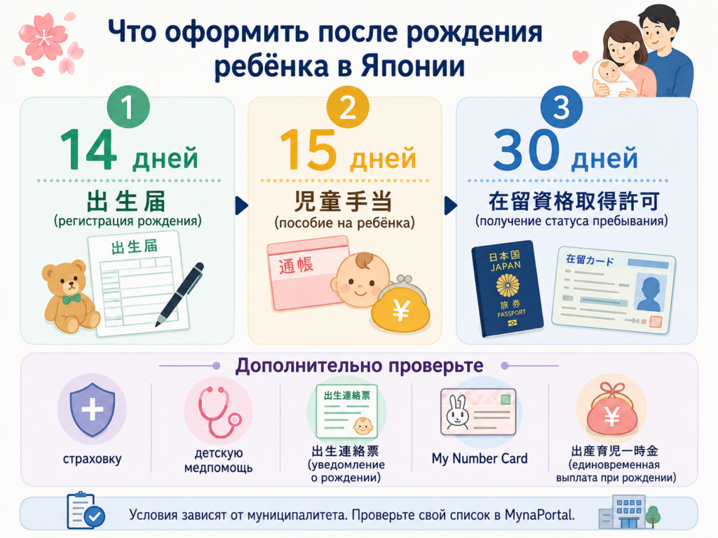 Сроки после рождения ребёнка в Японии: 14 дней для 出生届, 15 дней для 児童手当 и 30 дней для статуса пребывания