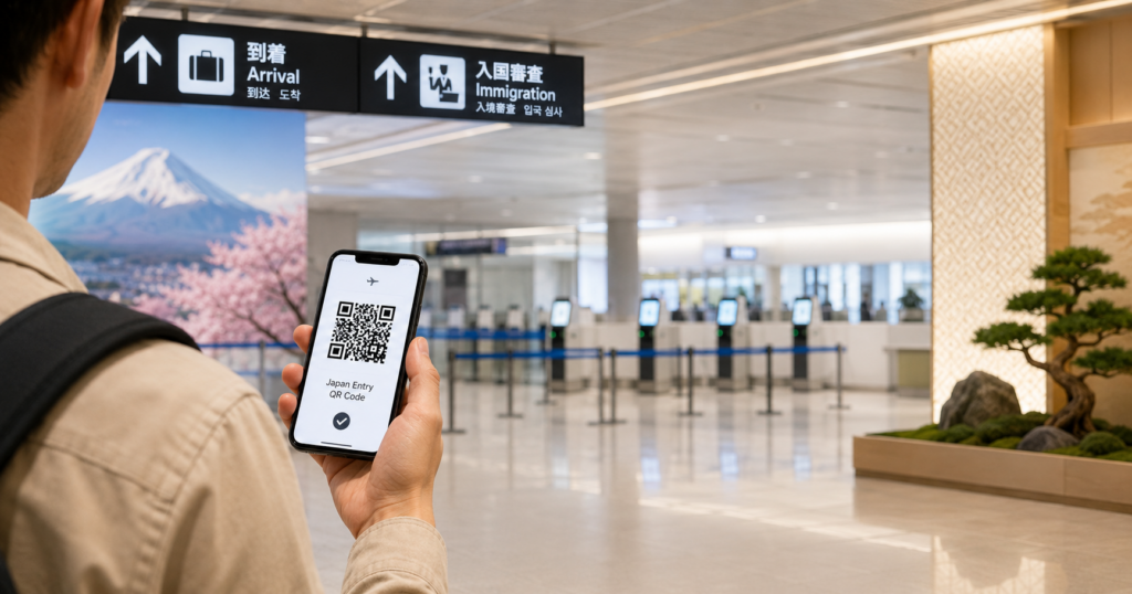 Путешественник использует Visit Japan Web в аэропорту Японии