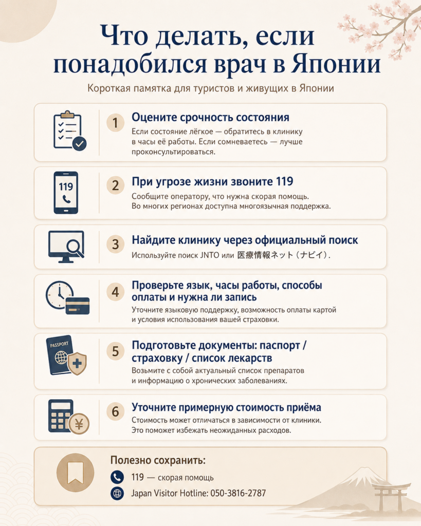 Краткий алгоритм действий, если во время поездки или жизни в Японии понадобилась медицинская помощь.