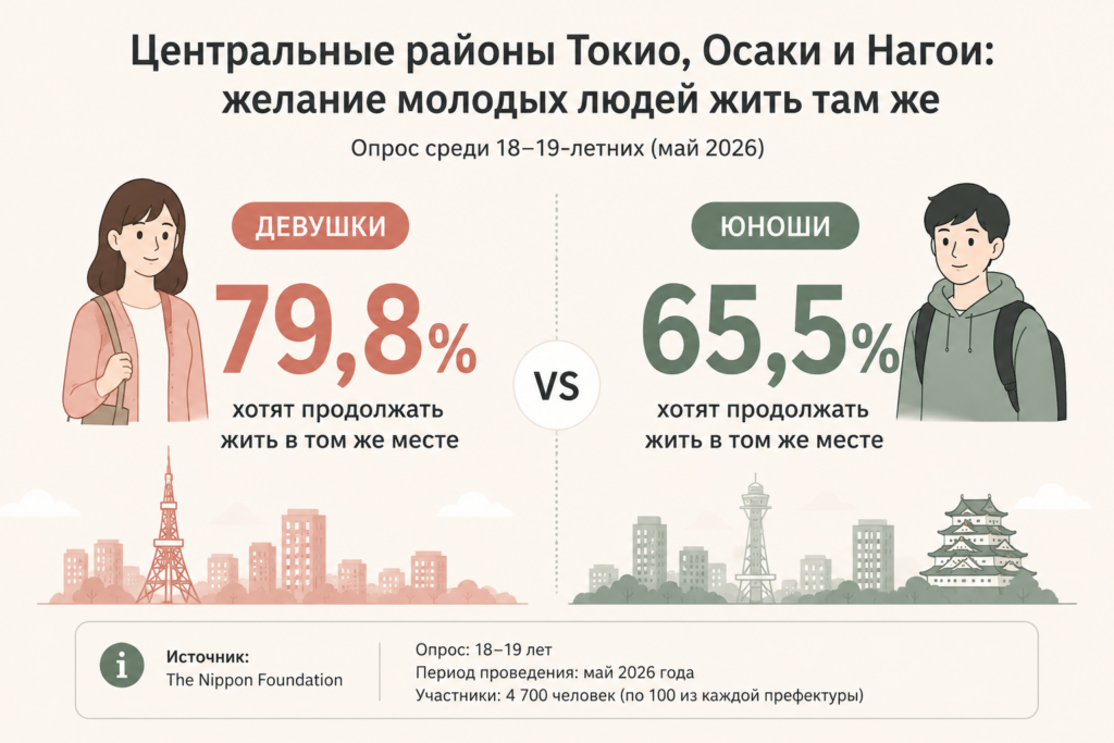 Инфографика: 79,8% девушек и 65,5% юношей в центральных районах крупнейших агломераций Японии хотят продолжать жить там же