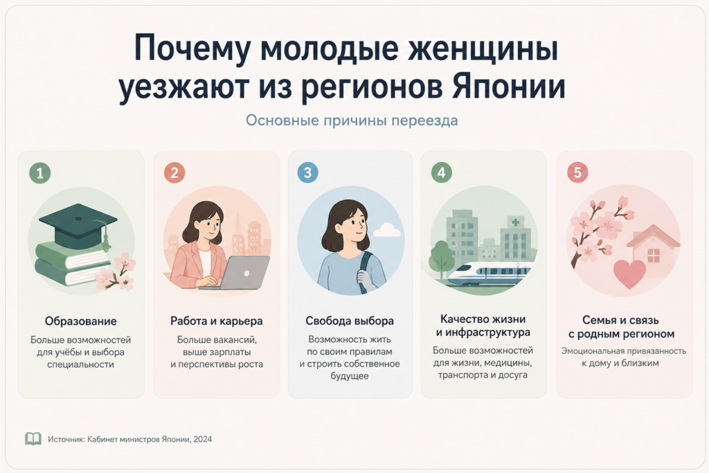 Инфографика о причинах переезда молодых женщин из японских регионов: образование, работа, свобода выбора и инфраструктура